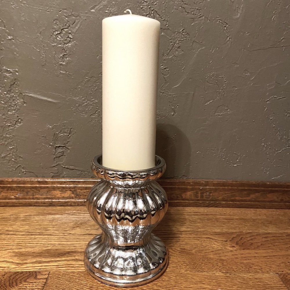 Vintage Silver Colored Candle Holder with Large Cream Candle